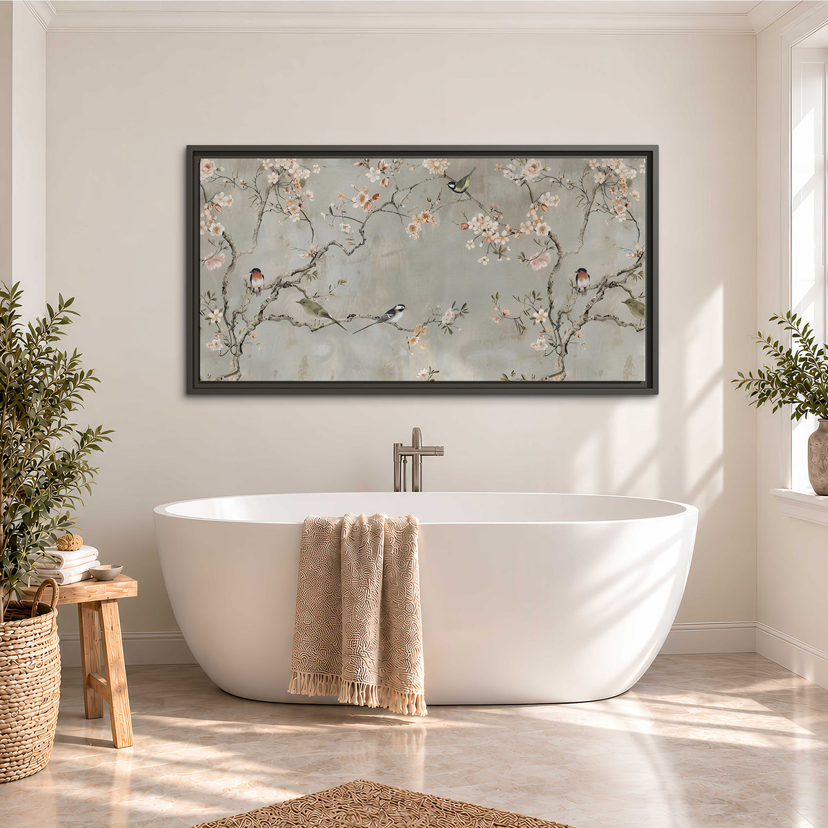 Small songbirds among pink and cream blossoms, green leaves and delicate branches on gray single framed canvas wall art styled in an interior
