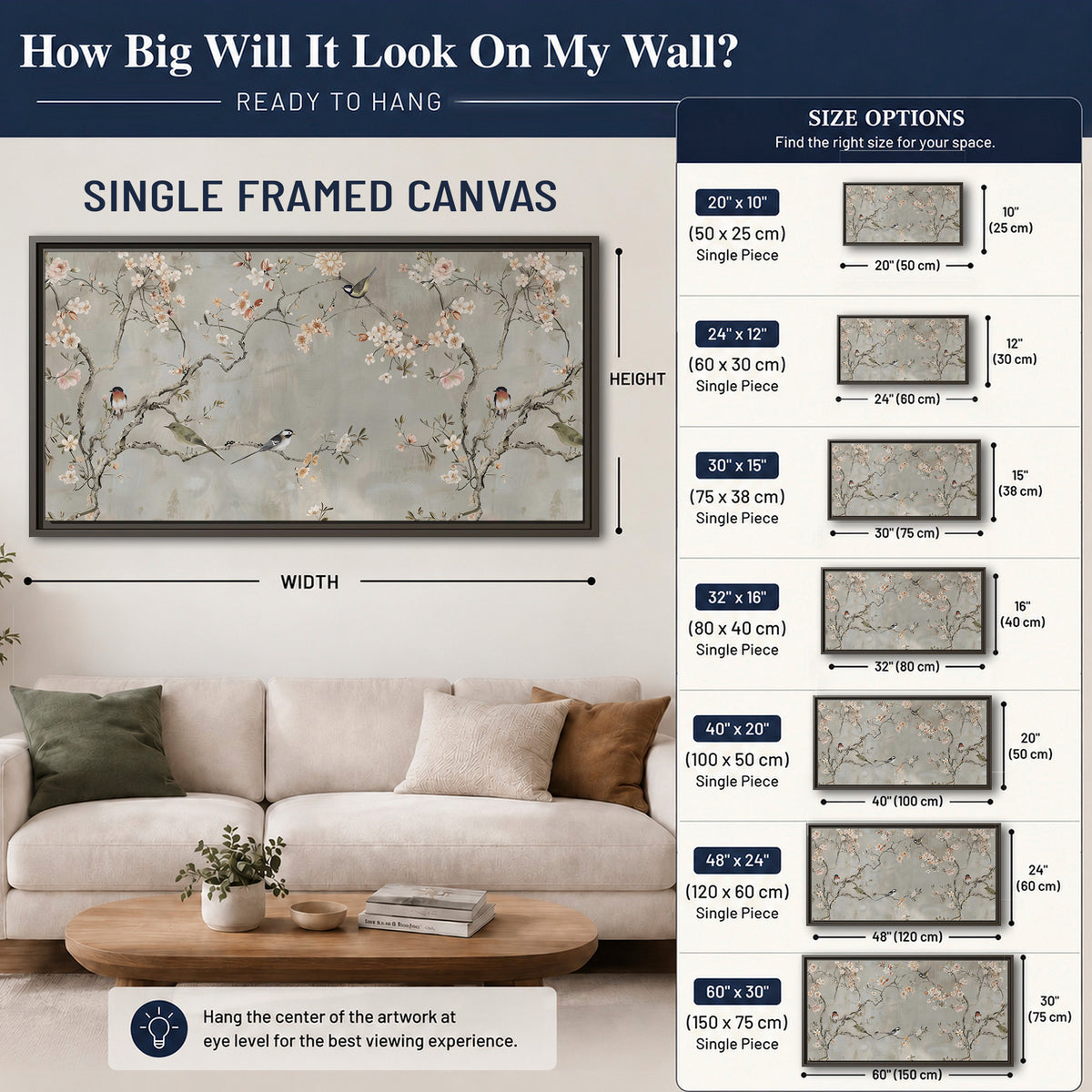 Small songbirds among pink and cream blossoms, green leaves and delicate branches on gray single framed canvas wall art size guide above a sofa; room view is illustrative