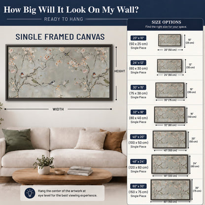 Small songbirds among pink and cream blossoms, green leaves and delicate branches on gray single framed canvas wall art size guide above a sofa; room view is illustrative