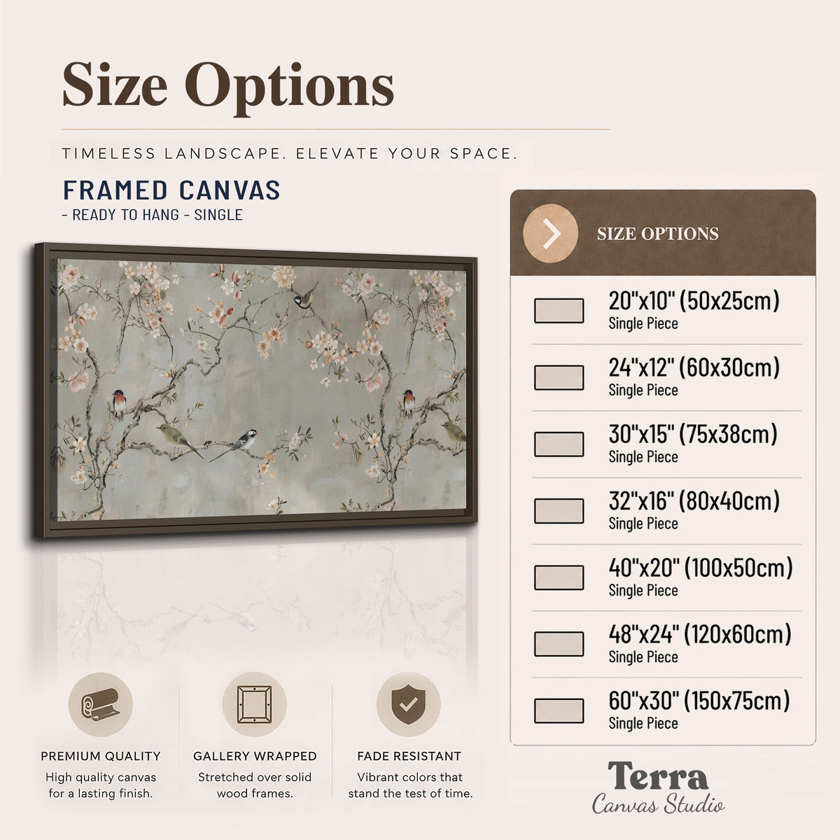 Small songbirds among pink and cream blossoms, green leaves and delicate branches on gray single framed canvas wall art available dimensions