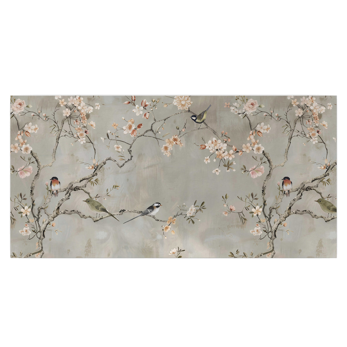 Small songbirds among pink and cream blossoms, green leaves and delicate branches on gray single poster print viewed straight on