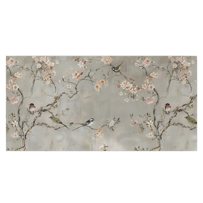 Small songbirds among pink and cream blossoms, green leaves and delicate branches on gray single poster print viewed straight on