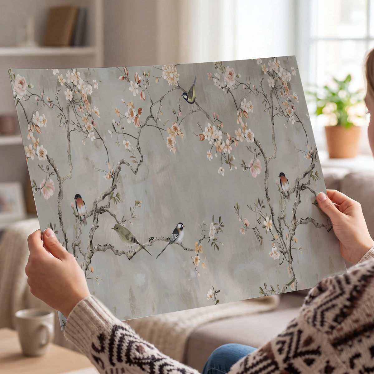 Small songbirds among pink and cream blossoms, green leaves and delicate branches on gray single poster print held in hands