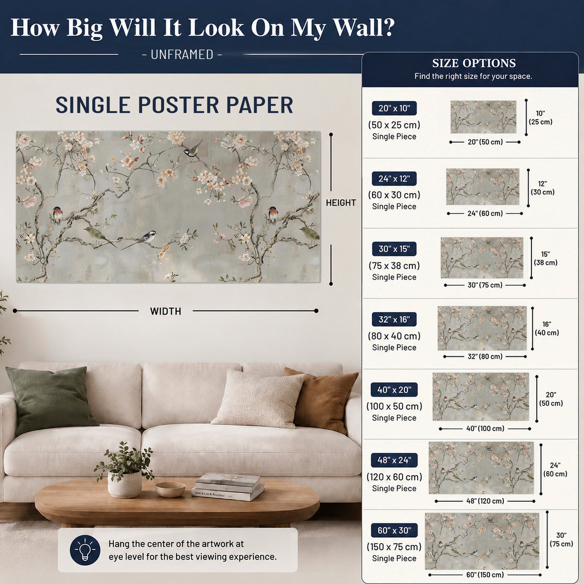 Small songbirds among pink and cream blossoms, green leaves and delicate branches on gray single poster print size guide above a sofa; room view is illustrative