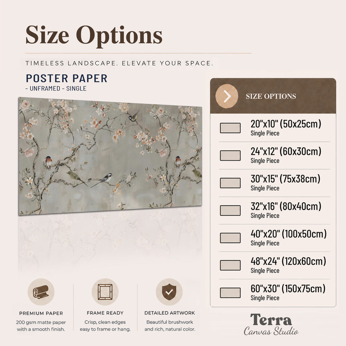 Small songbirds among pink and cream blossoms, green leaves and delicate branches on gray single poster print available dimensions