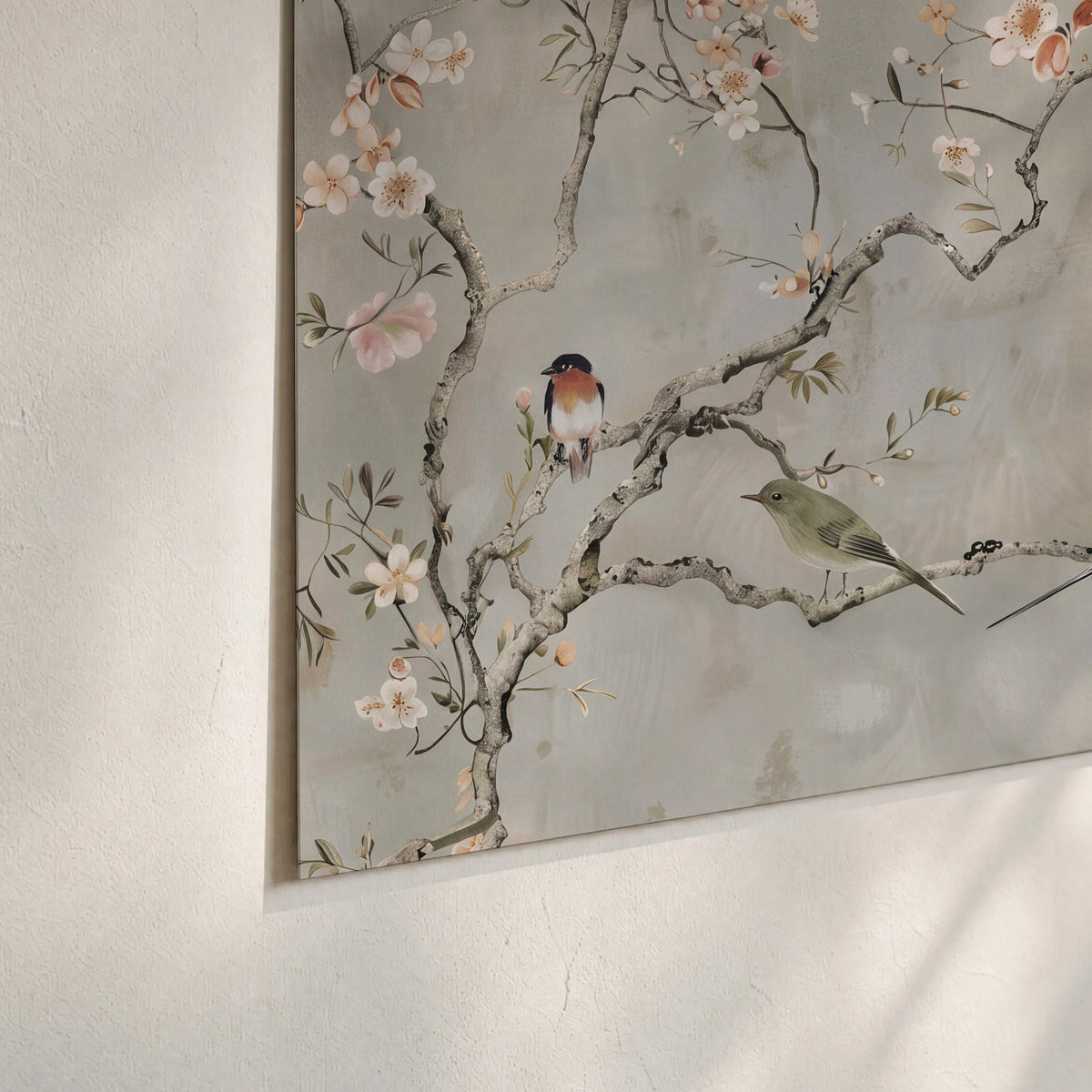 Small songbirds among pink and cream blossoms, green leaves and delicate branches on gray set of 3 poster prints material and edge close up