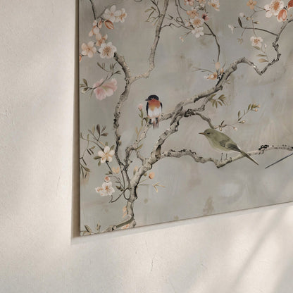 Small songbirds among pink and cream blossoms, green leaves and delicate branches on gray set of 3 poster prints material and edge close up