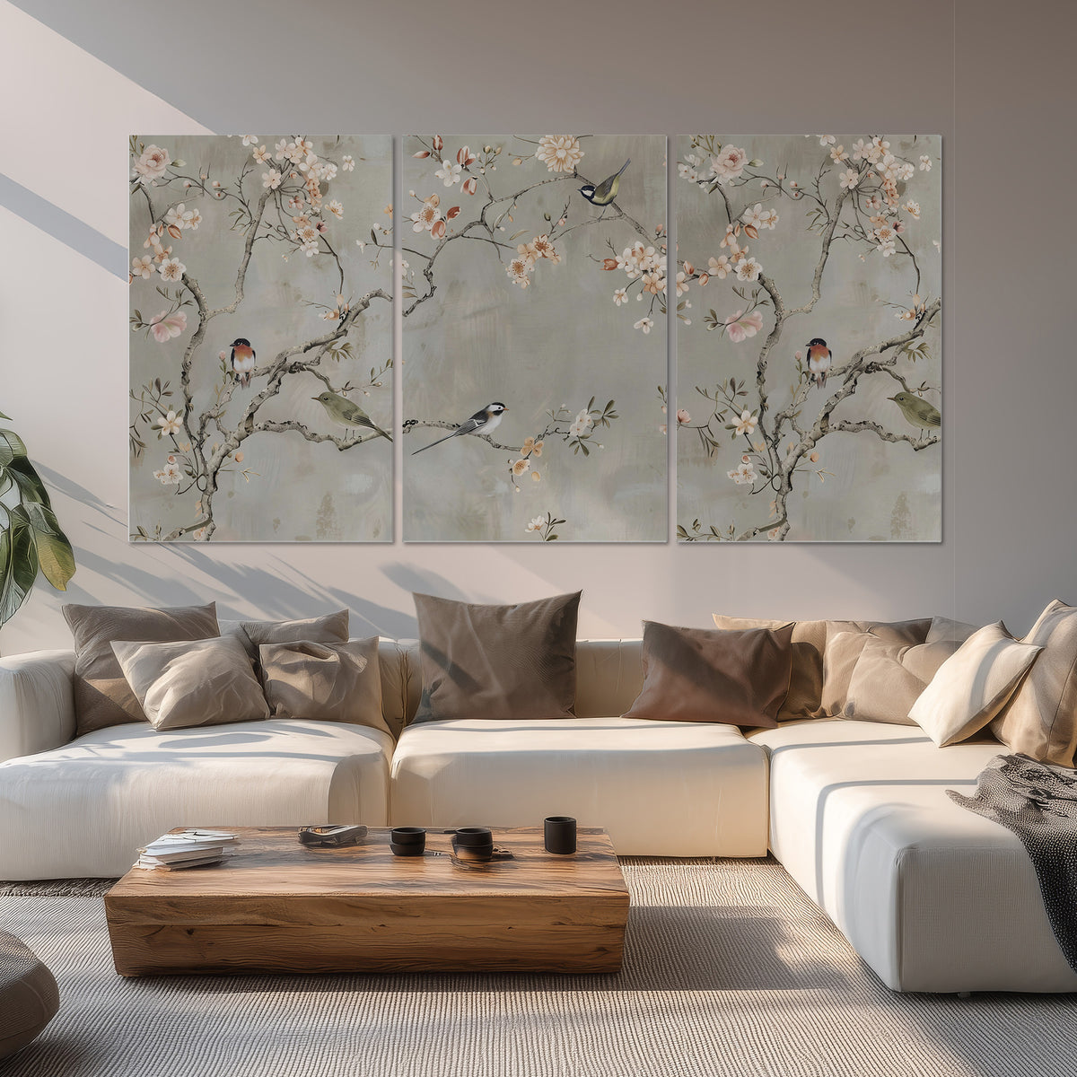 Small songbirds among pink and cream blossoms, green leaves and delicate branches on gray set of 3 poster prints displayed in a living room