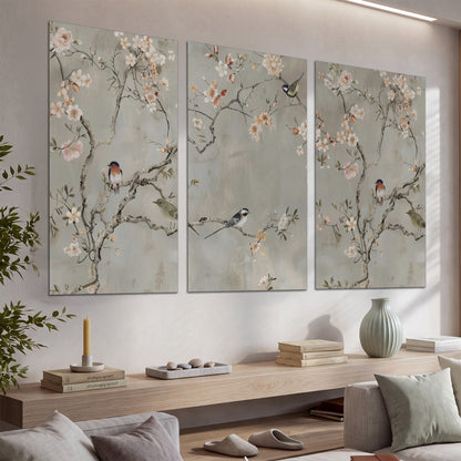 Small songbirds among pink and cream blossoms, green leaves and delicate branches on gray set of 3 poster prints displayed in a console