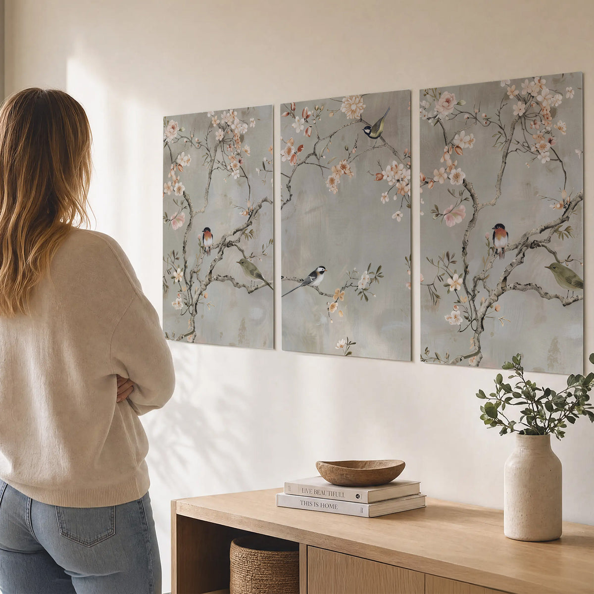 Small songbirds among pink and cream blossoms, green leaves and delicate branches on gray set of 3 poster prints three panel arrangement on a wall