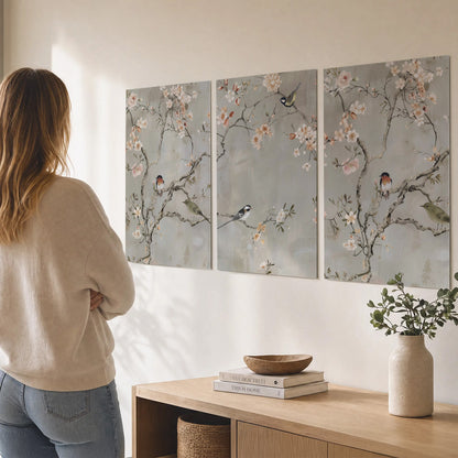 Small songbirds among pink and cream blossoms, green leaves and delicate branches on gray set of 3 poster prints three panel arrangement on a wall