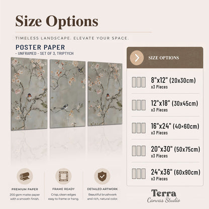 Small songbirds among pink and cream blossoms, green leaves and delicate branches on gray set of 3 poster prints available dimensions; triptych dimensions are per panel