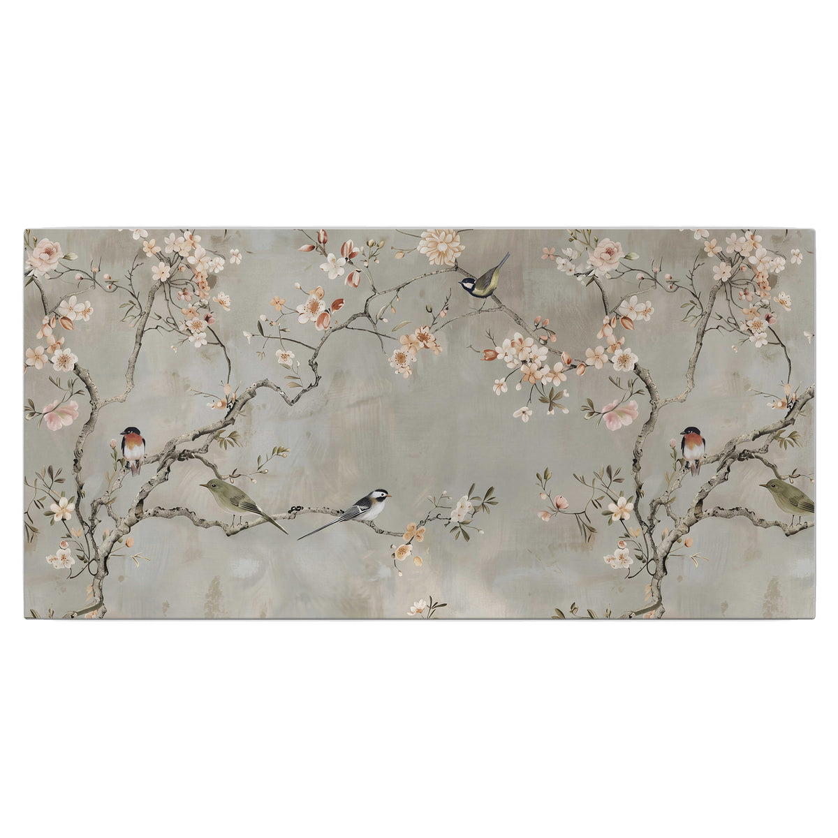 Small songbirds among pink and cream blossoms, green leaves and delicate branches on gray single canvas wall art viewed straight on