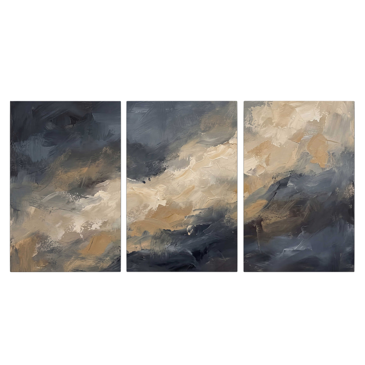 Sweeping charcoal and cream painted clouds with warm gold tones 3 piece canvas wall art viewed straight on