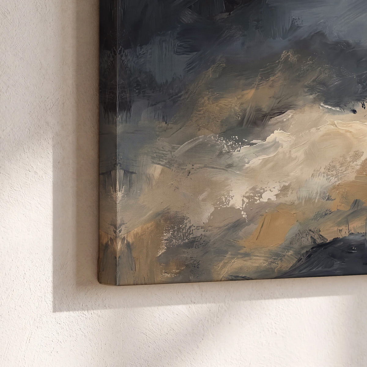 Sweeping charcoal and cream painted clouds with warm gold tones 3 piece canvas wall art material and edge close up