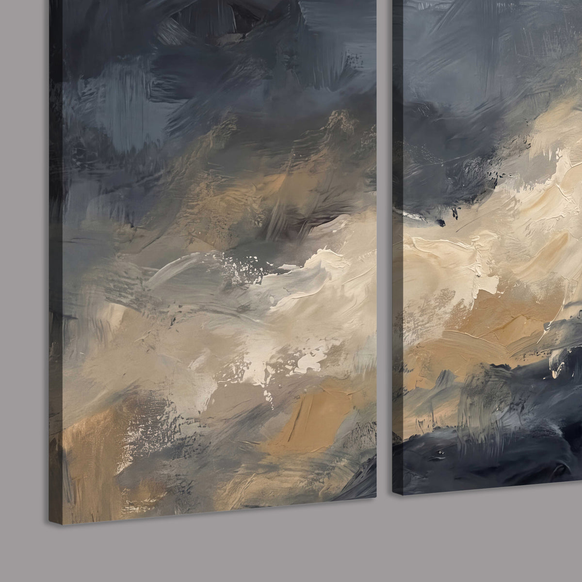 Sweeping charcoal and cream painted clouds with warm gold tones 3 piece canvas wall art room and product view