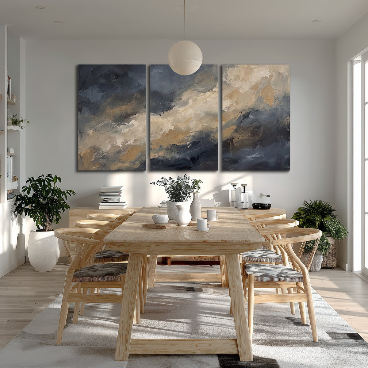 Sweeping charcoal and cream painted clouds with warm gold tones 3 piece canvas wall art room and product view