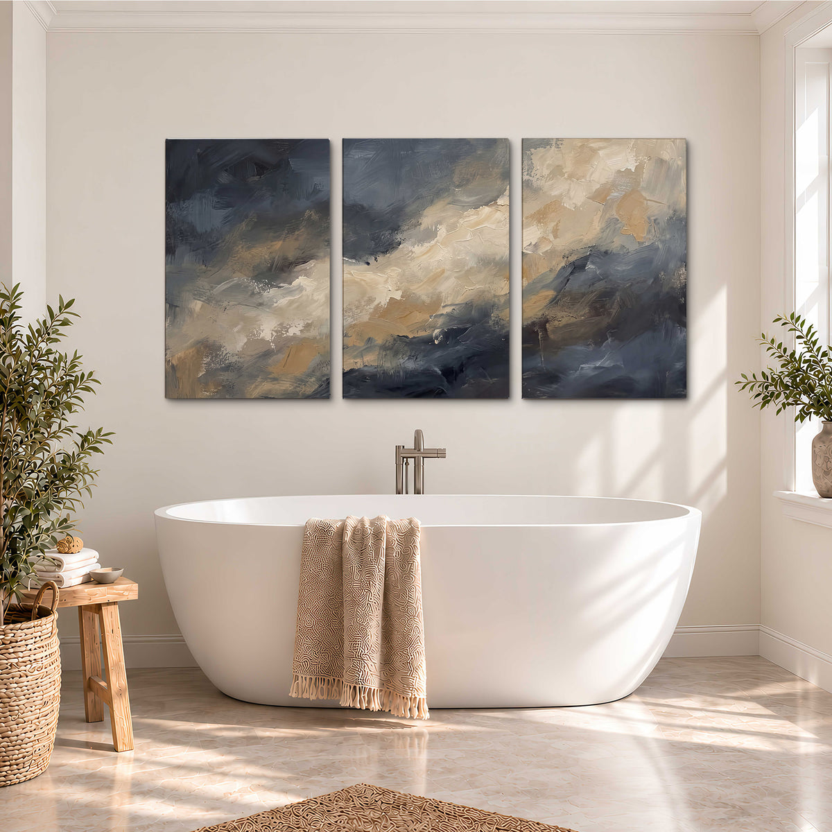 Sweeping charcoal and cream painted clouds with warm gold tones 3 piece canvas wall art styled in an interior