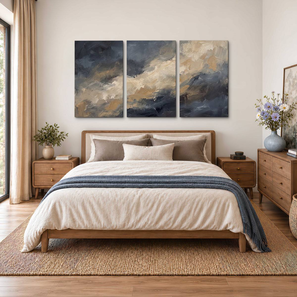 Sweeping charcoal and cream painted clouds with warm gold tones 3 piece canvas wall art styled in an interior