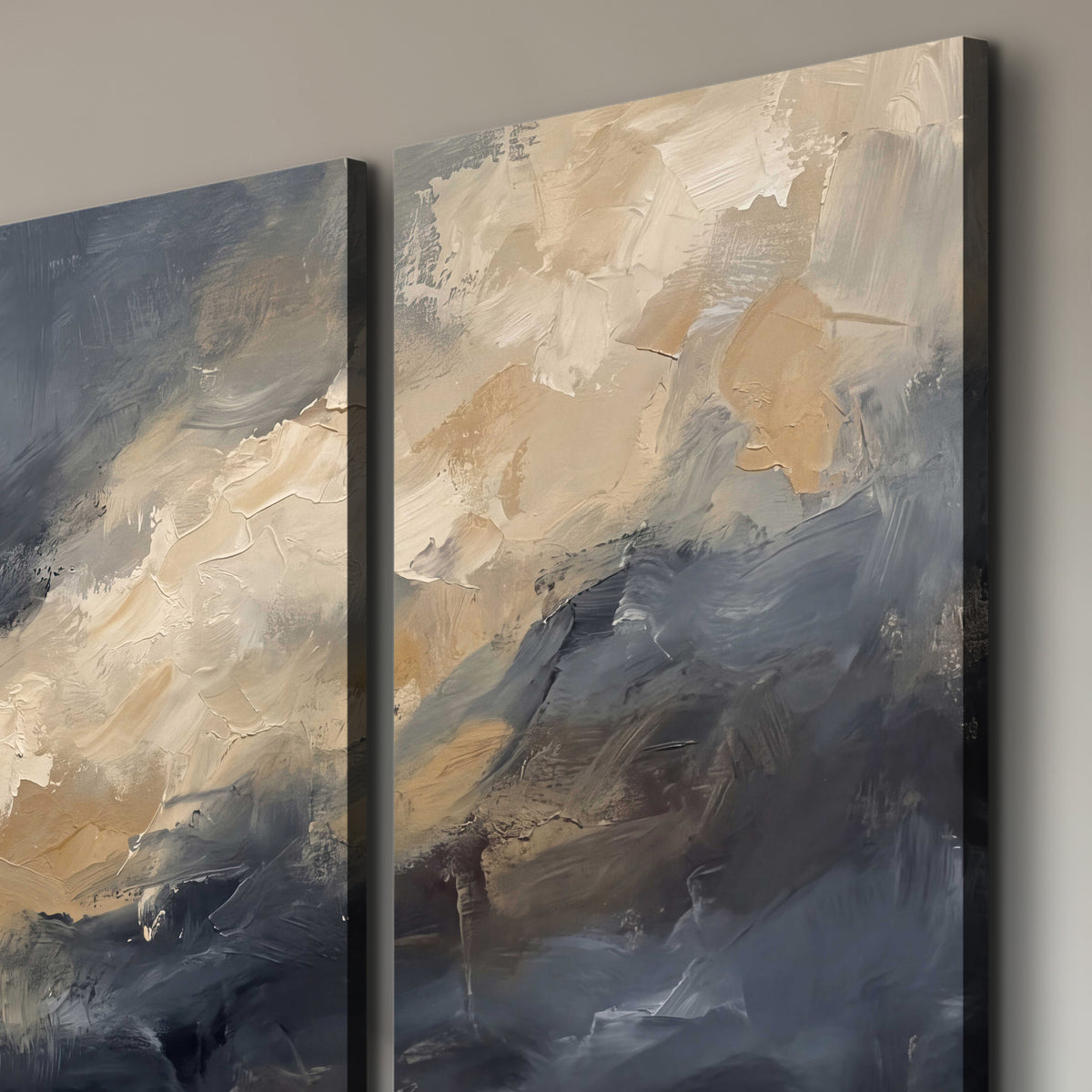 Sweeping charcoal and cream painted clouds with warm gold tones 3 piece canvas wall art room and product view