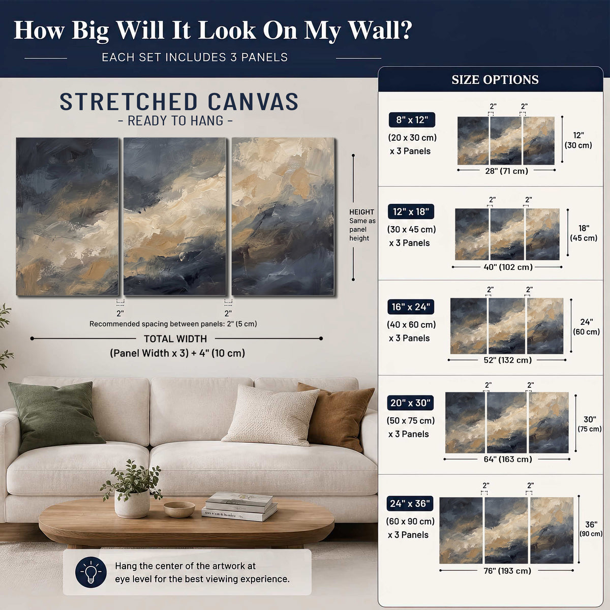 Sweeping charcoal and cream painted clouds with warm gold tones 3 piece canvas wall art size guide above a sofa; room view is illustrative