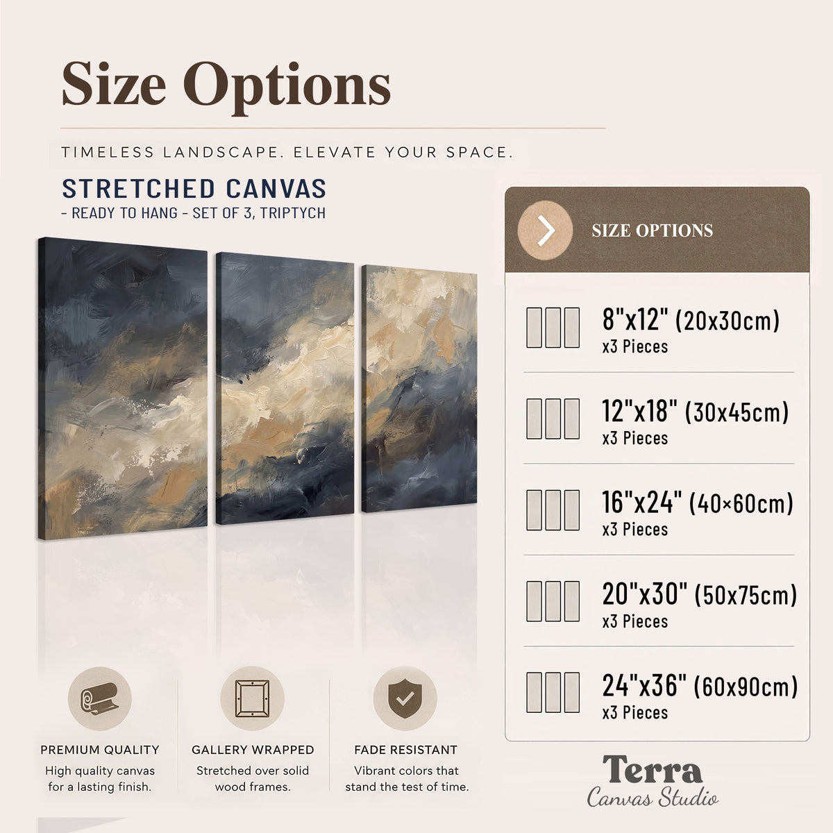 Sweeping charcoal and cream painted clouds with warm gold tones 3 piece canvas wall art available dimensions; triptych dimensions are per panel