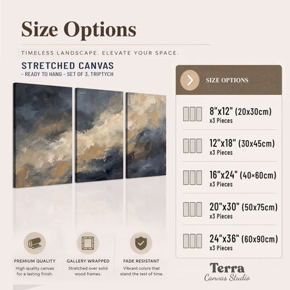 Sweeping charcoal and cream painted clouds with warm gold tones 3 piece canvas wall art available dimensions; triptych dimensions are per panel