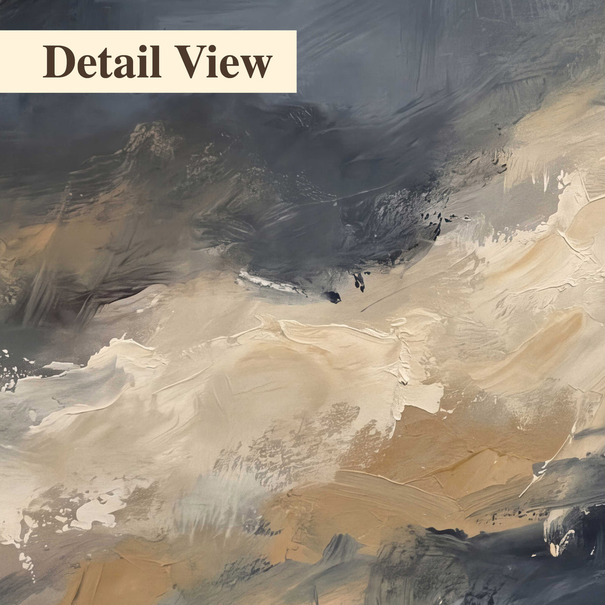Sweeping charcoal and cream painted clouds with warm gold tones 3 piece canvas wall art artwork detail close up
