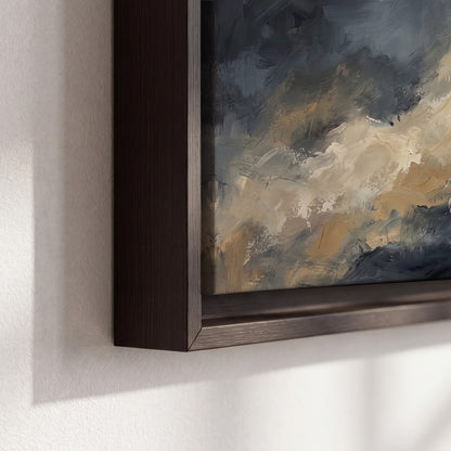 Sweeping charcoal and cream painted clouds with warm gold tones 3 piece framed canvas wall art material and edge close up