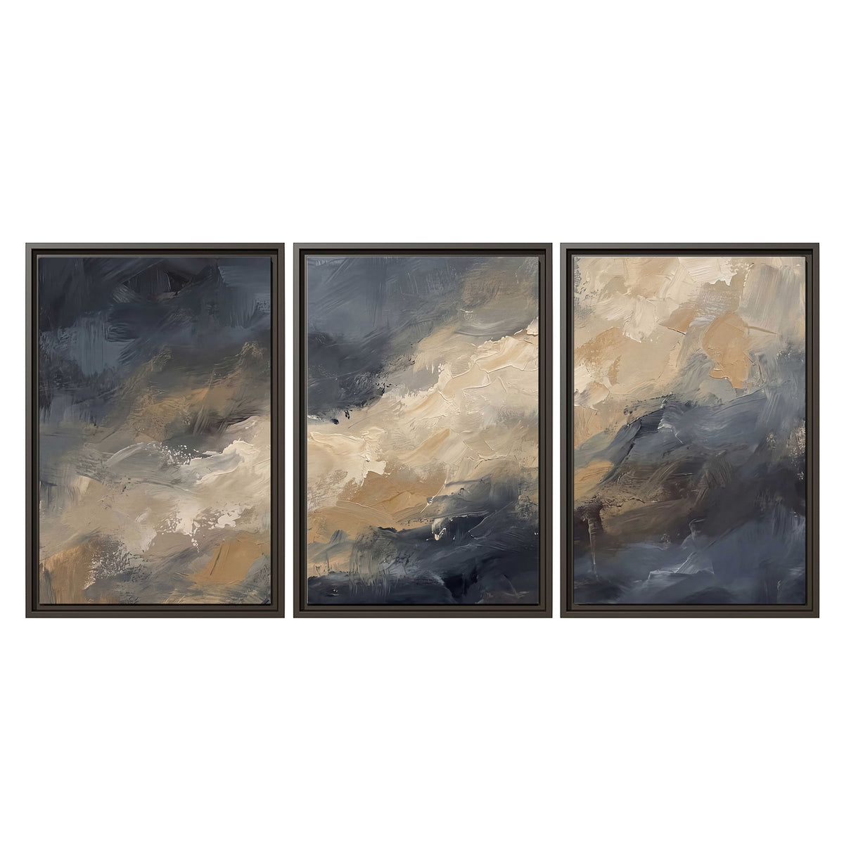 Sweeping charcoal and cream painted clouds with warm gold tones 3 piece framed canvas wall art viewed straight on