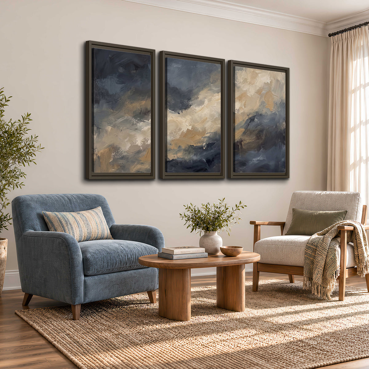 Sweeping charcoal and cream painted clouds with warm gold tones 3 piece framed canvas wall art styled in an interior