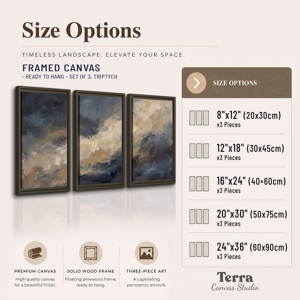 Sweeping charcoal and cream painted clouds with warm gold tones 3 piece framed canvas wall art available dimensions; triptych dimensions are per panel