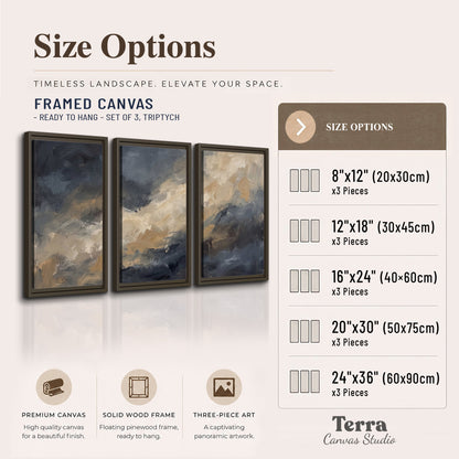 Sweeping charcoal and cream painted clouds with warm gold tones 3 piece framed canvas wall art available dimensions; triptych dimensions are per panel