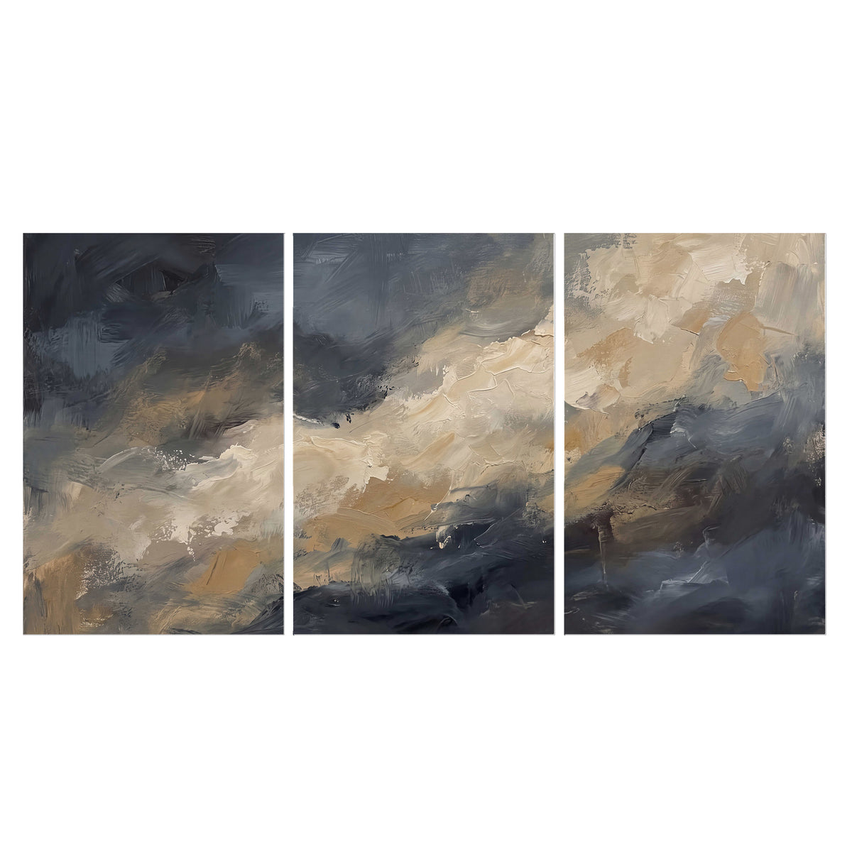 Sweeping charcoal and cream painted clouds with warm gold tones set of 3 poster prints viewed straight on