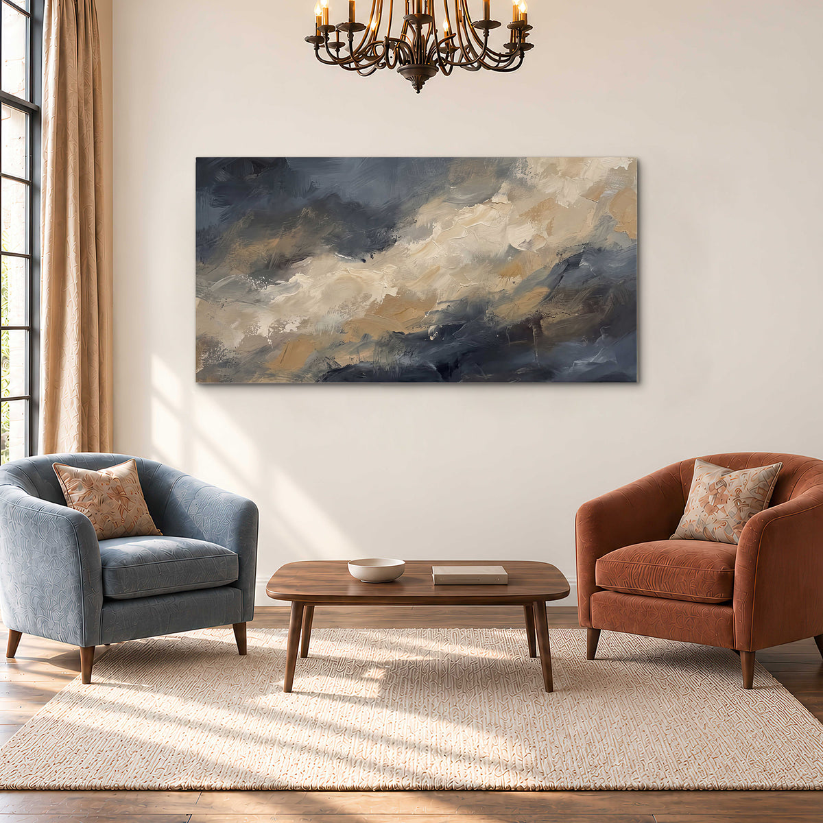 Sweeping charcoal and cream painted clouds with warm gold tones single canvas wall art styled in an interior