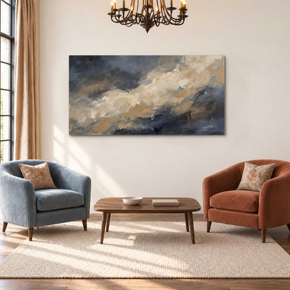 Sweeping charcoal and cream painted clouds with warm gold tones single canvas wall art styled in an interior