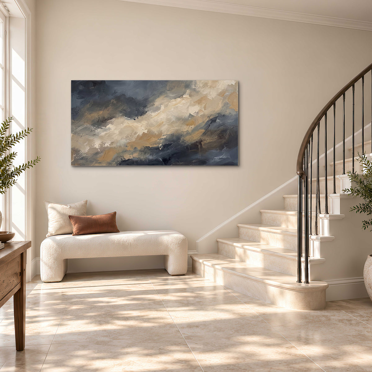 Sweeping charcoal and cream painted clouds with warm gold tones single canvas wall art styled in an interior