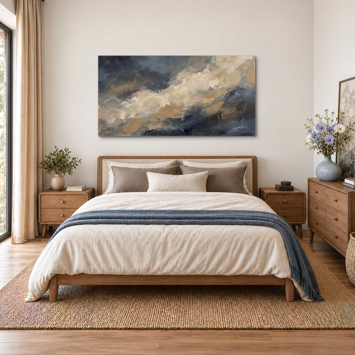 Sweeping charcoal and cream painted clouds with warm gold tones single canvas wall art styled in an interior