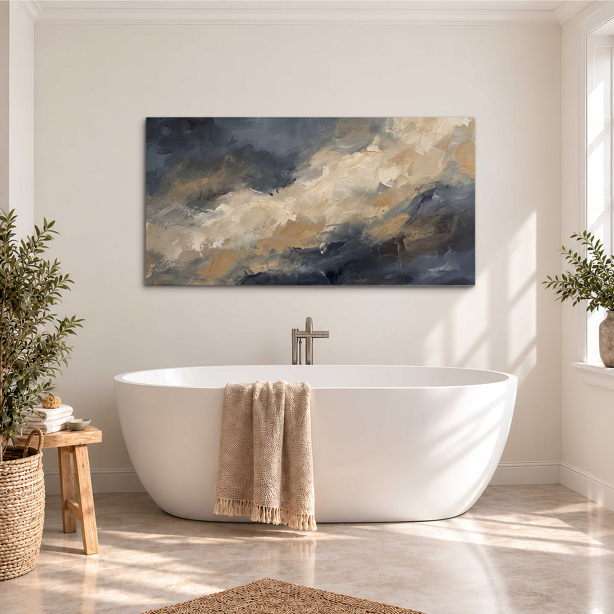 Sweeping charcoal and cream painted clouds with warm gold tones single canvas wall art styled in an interior