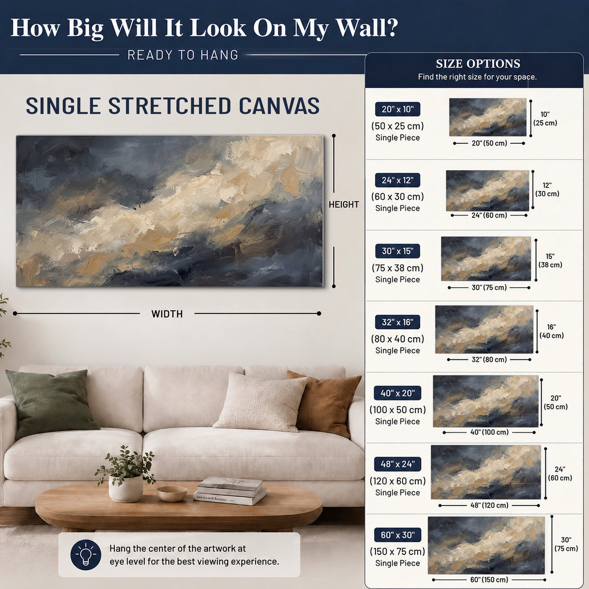 Sweeping charcoal and cream painted clouds with warm gold tones single canvas wall art size guide above a sofa; room view is illustrative