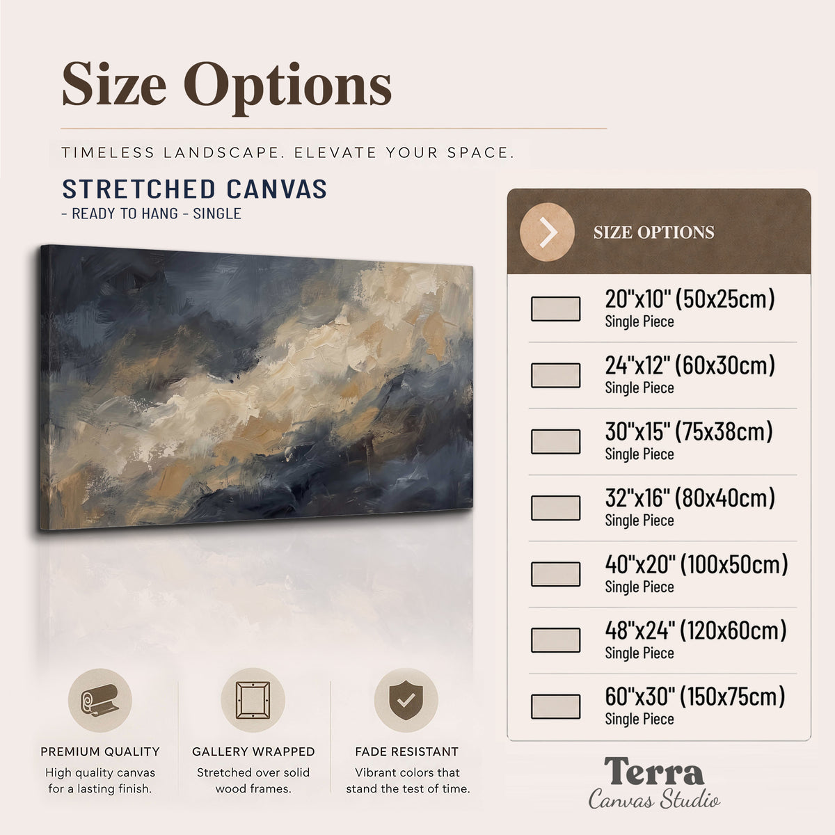 Sweeping charcoal and cream painted clouds with warm gold tones single canvas wall art available dimensions
