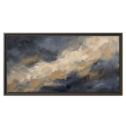 Sweeping charcoal and cream painted clouds with warm gold tones single framed canvas wall art viewed straight on