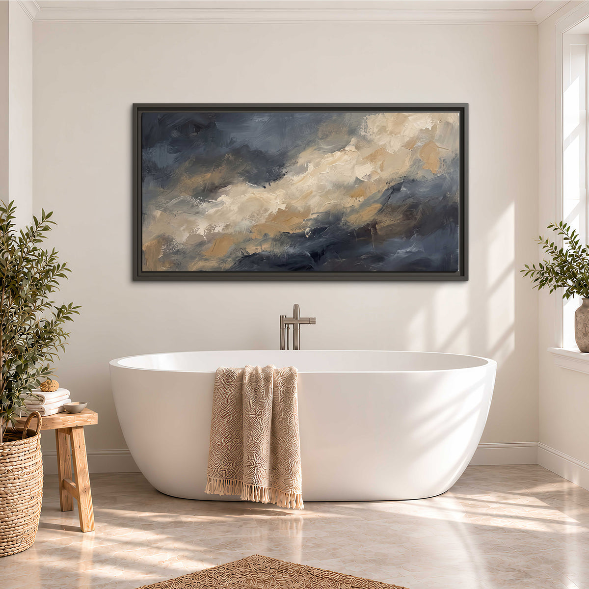 Sweeping charcoal and cream painted clouds with warm gold tones single framed canvas wall art styled in an interior