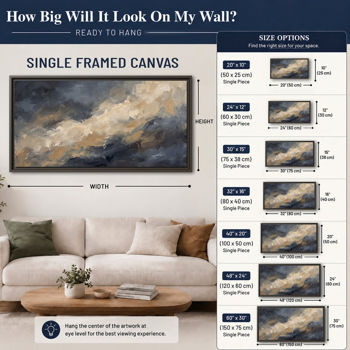 Sweeping charcoal and cream painted clouds with warm gold tones single framed canvas wall art size guide above a sofa; room view is illustrative