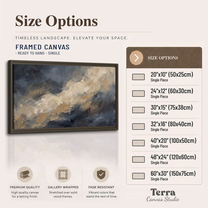 Sweeping charcoal and cream painted clouds with warm gold tones single framed canvas wall art available dimensions