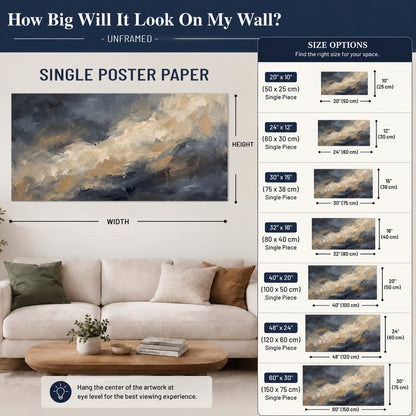 Sweeping charcoal and cream painted clouds with warm gold tones single poster print size guide above a sofa; room view is illustrative