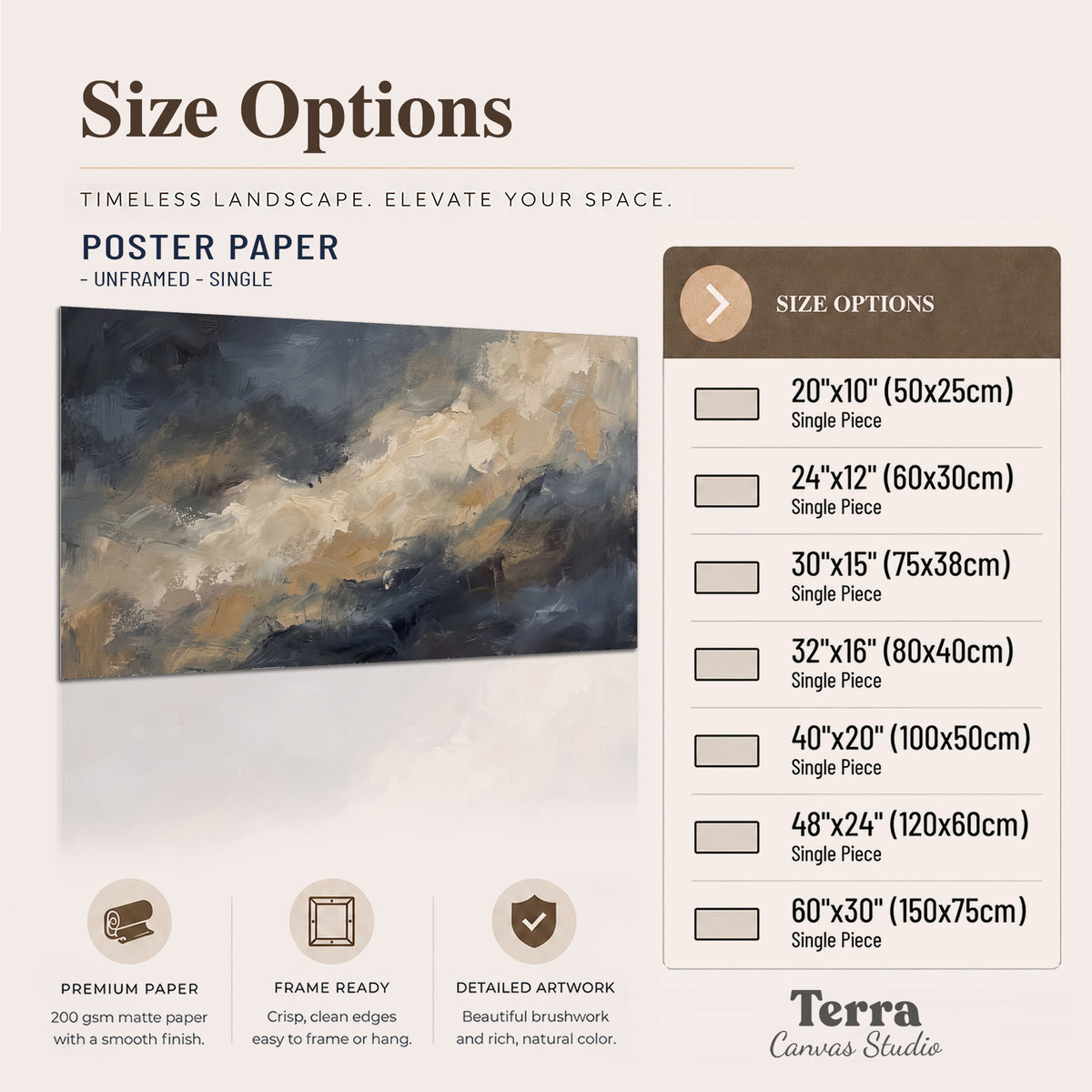 Sweeping charcoal and cream painted clouds with warm gold tones single poster print available dimensions