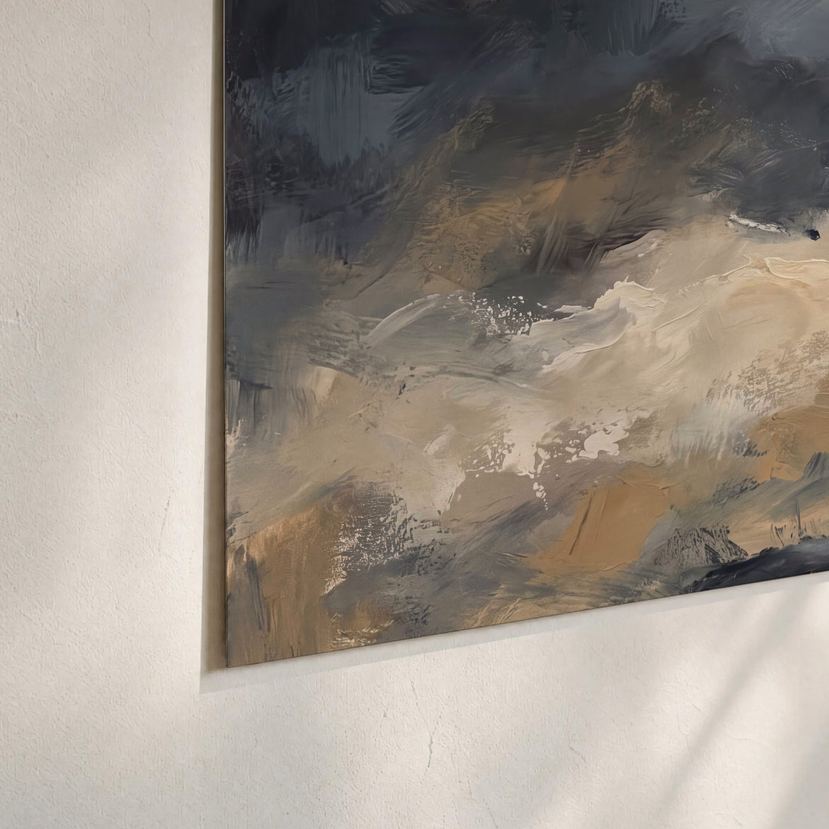 Sweeping charcoal and cream painted clouds with warm gold tones set of 3 poster prints material and edge close up