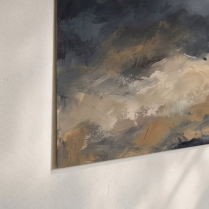Sweeping charcoal and cream painted clouds with warm gold tones set of 3 poster prints material and edge close up