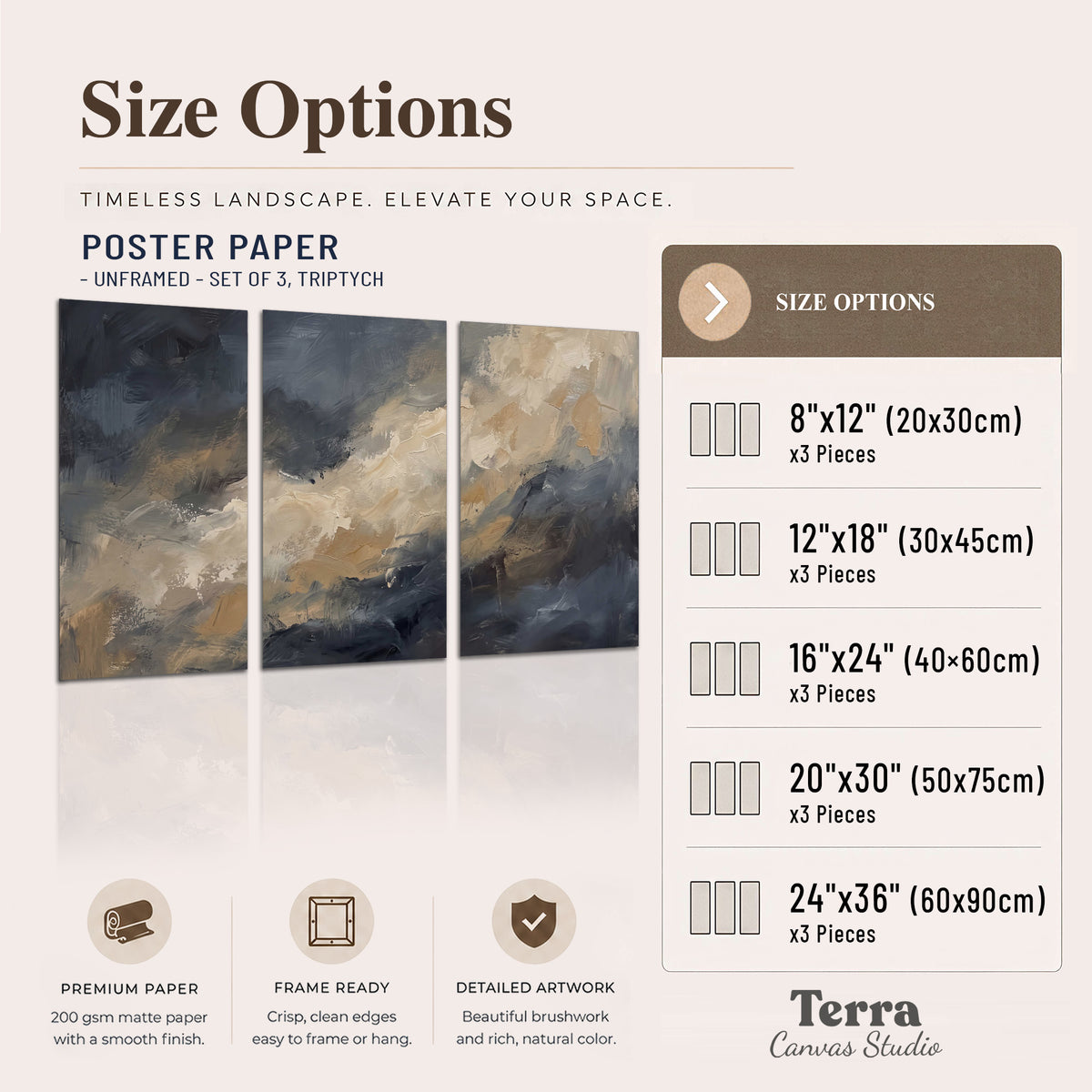 Sweeping charcoal and cream painted clouds with warm gold tones set of 3 poster prints available dimensions; triptych dimensions are per panel